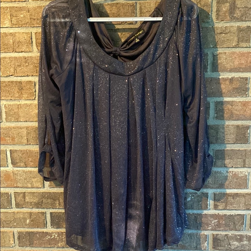 Always Indigo Grey Lame Sparkly Pleated 3/4 Sleeve Blouse